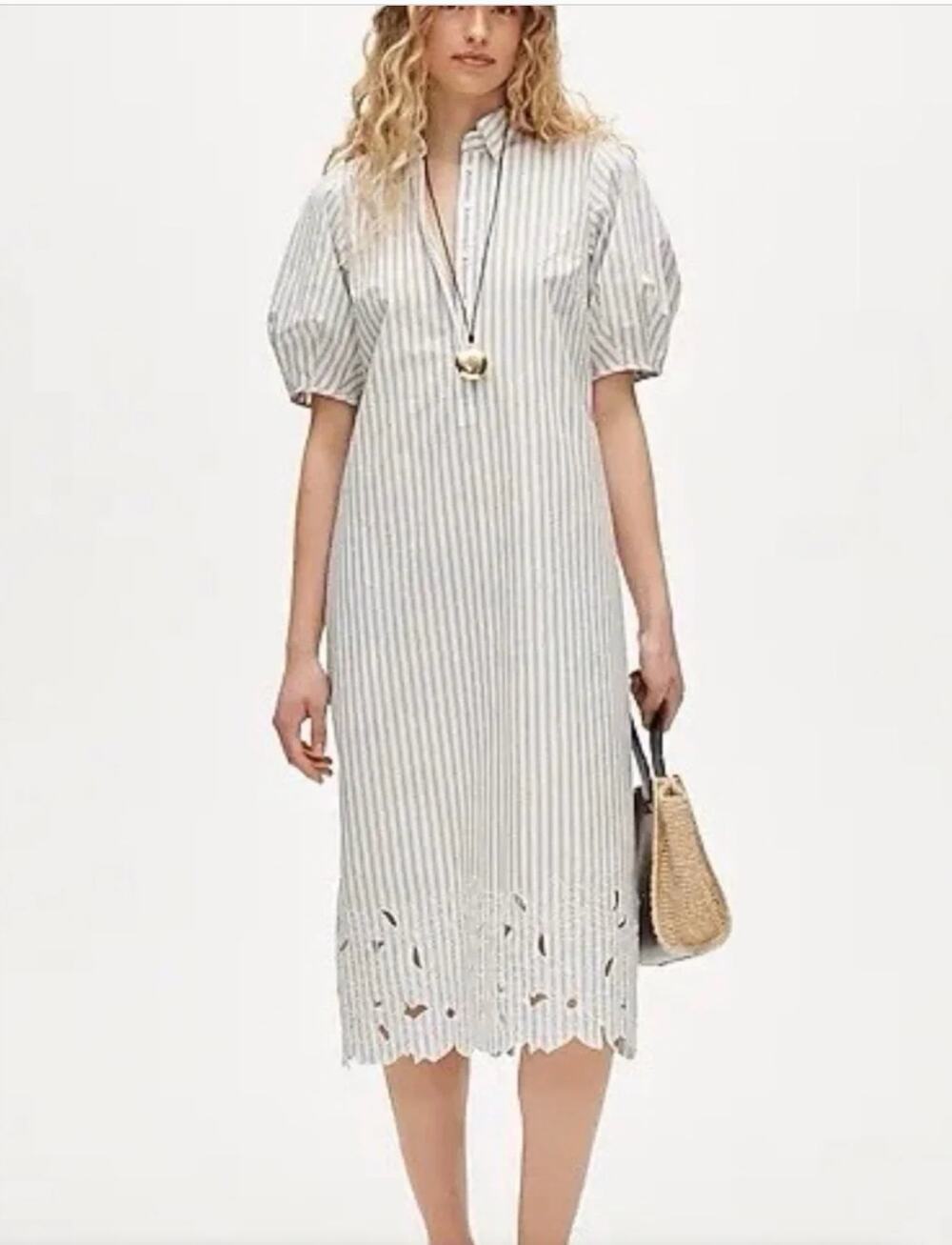 J CREW Embroidered Shirt Dress 6 NWT Stripe Floral Puff Sleeve Ivory Blue CS959
